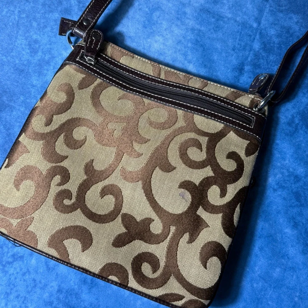 Y2K Brown Tan Swirl Crossbody Shoulder Bag Multi Pocket Organizer Purse